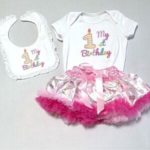 NWOT Pink and White 1st Birthday Outfit - Embroidered Onesie & tulle tutu 9-12 M